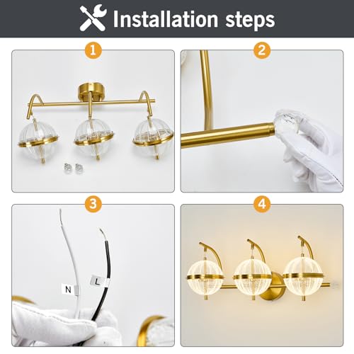 Image of UOFUS Gold Bathroom Lighting Fixtures Over Mirror Modern LED Vanity Light with Globe Acrylic LampShade 3 Lights Wall Sconces Indoor