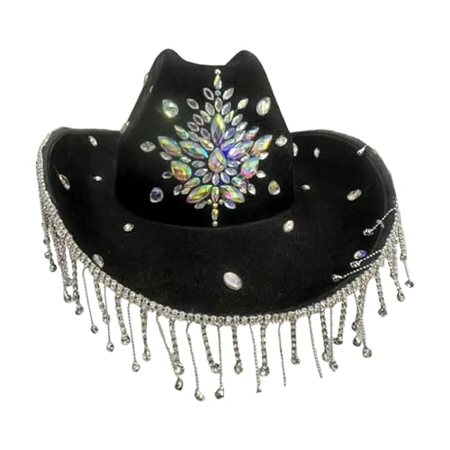 Round Top Wide Brims Cowgirls Hats Adorned with Rhinestones Costume Hat for Face Shaping and Cowgirls Styles Fashion Western
