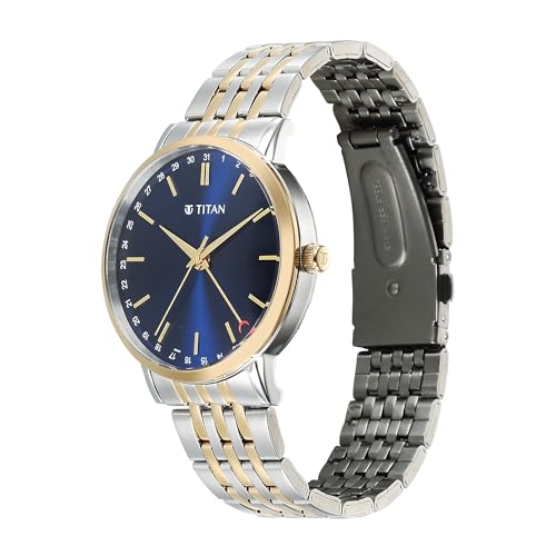 Image of Titan Elegance Analog with Date by Hand and Blue Dial Stainless Steel Dual Tone Strap Watch for Men - 90202BM01