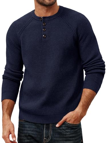 PJ PAUL JONES Herren Pullover Langarm Henley Design mit Waffeltextur Kuschelweicher Pullover Marineblau M