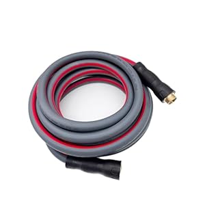 Heavy Duty Hybrid Garden Water Hose 5/8-Inch x 25-Feet ，with Swivel Grip Handle and 3/4″ GHT Solid Brass Fittings, Gray With Red Stripes