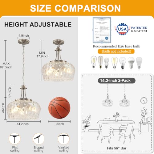 Image of Modern Pendant Lights Kitchen Island, 3-Light Brushed Nickel Pendant Light Fixtures with 14.2 inch Clear Hammered Glass Shade, Hanging Pendant Lights Fixture for Kitchen Island Dining Room Foyer Entryway