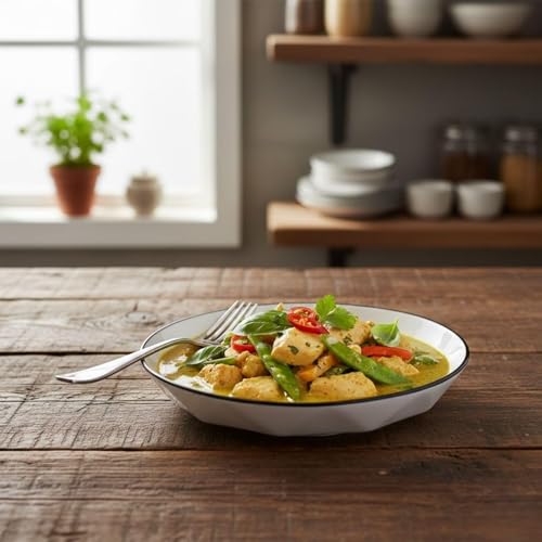 Image of Premium White Ceramic Pasta Dishes Set of 4, 7-Inch Large Shallow Salad Plates with Elegant Black Rim, Modern Geometric Faceted Design, Stackable, Microwave & Dishwasher Safe Dinnerware