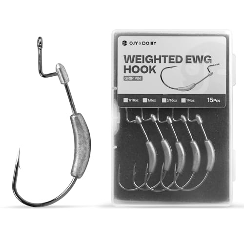 Weighted Swimbait Hooks with Molded Bait Keeper, Equipped with Weedless EWG Worm Fishing Hooks 1/16 1/8 3/16 1/4oz 2/0 3/0 4/0 5/0 Assorted (15 PCs)