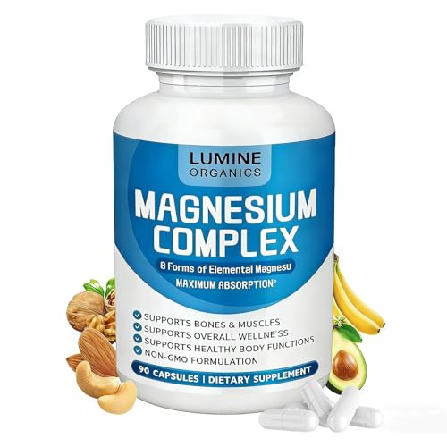 1PCSLumine Organics Magnesium Complex Supplement 1000mg - Advanced 8-in-1 Magnesium Blend - Glycinate Citrate Malate Taurate etc. High Absorption Formula Non-GMO 90 Capsules (1C)
