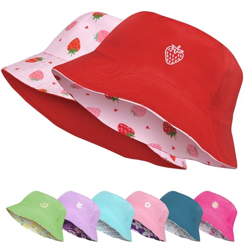 HONGTEYA Kids Sun Hat UPF 50+ Double Side Bucket Hats for Boys Girls Summer Sun Protection Wide Brim Unisex Beach Outdoor (US Age 8 Years 13 Years Pink Strawberry)