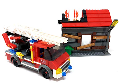 Brigamo Bausteine Feuerwehrauto Feuerwehr Leiterwagen mit brennendem Haus, 355 Klemmbausteine – Bild 2