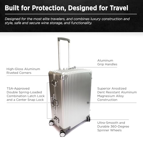 VinGardeValise® VinAluminum Wine Travel Suitcase - 12-Bottle Aluminum Luggage with TSA Lock, Shockproof Foam Inserts, Spinner Wheels, Hard Shell, Airline Approved3