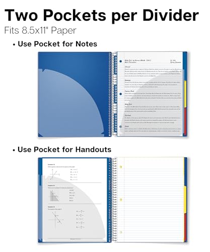 Image of Dunwell 3-Subject Spiral Notebook College Ruled 8.5x11 (Blue), 150 Sheets (300 Pages), Tabs, Colorful Movable Divider Pockets Fit 8.5 x 11 Content, Front /Back Plastic Covers, 3-Hole Perforated Pages