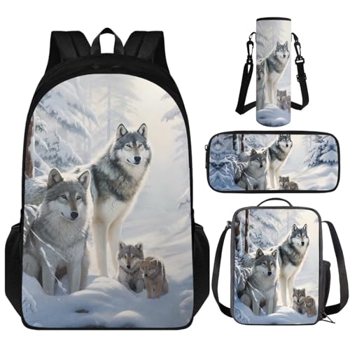 Wolf 4 Piece Backpack Set Backpack for School Girls 3rd Grade with Lunch Box Small Schoolbag with Lunch Box Pencil case for Elementary Middle High School Students