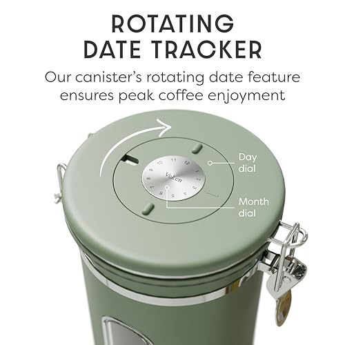 Image of Veken Coffee Canister with Window, Airtight Stainless Steel Container, 22OZ | Date Tracker,Kitchen Food Storage Organizers for Beans, Ground, Espresso, Rice,Tea, Sugar,Cereal, Gifts,Lids,Jars,Scoop,Green