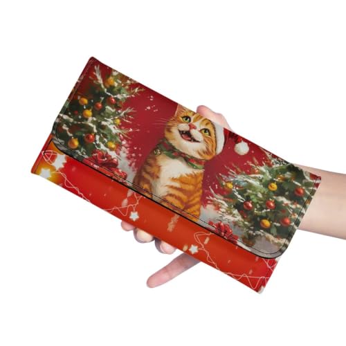 Image of AFPANQZ Leather Wallets for Women Checkbook Wallet with Cit Card Slots | Christmas Cat Print Women's Leather Purse Large Capacity PU Purses with Zipper