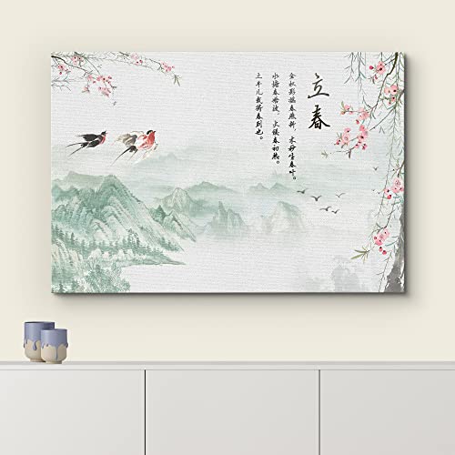 Wall26 Canvas Print Wall Art Chinese Watercolor Birds And Calligraphy Nature Wilderness Illustrations Modern Rustic Scenic Multicolor Colorful For Living Room, Bedroom, Office - 16"X24" #TOP2