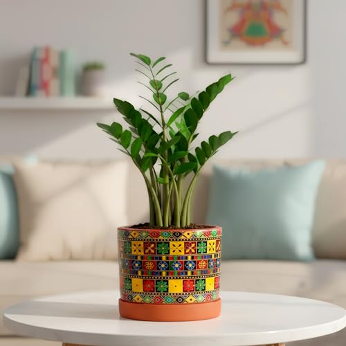 Image of Urban Plant Royal Motif 3D Terracotta Pot with Saucer | Hand-Painted Multicolor Ethnic Design Planter | Indoor Decorative Clay Plant Pot with Drainage Hole | Tabletop Flower Pot