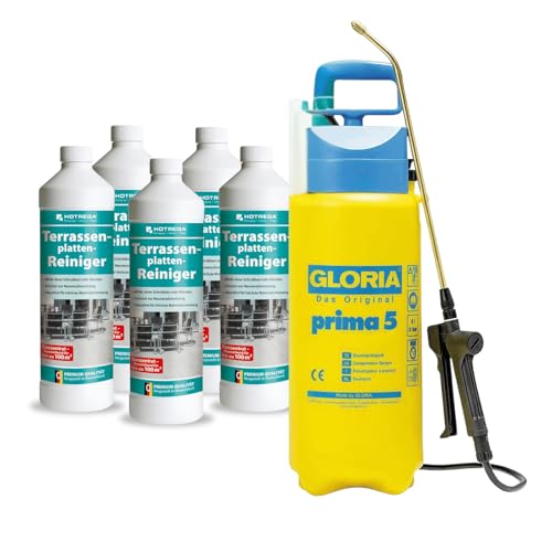 HOTREGA Terrassenplatten Reiniger 5x 1Liter | Selbsttätiger, säurefreier Steinreiniger für Naturstein & Betonwerkstein | inkl. GLORIA Drucksprüher