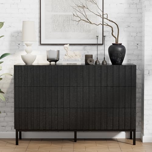 UEV Commode à 6 tiroirs 100cm, Commode Étroite, Grand Espace de Rangement, Armoire avec Plafond Spacieux, pour Salon, Chambre à Coucher, Pieds Métal, Motif Bois, 100 x 34,5 x 73,4 cm, Noir