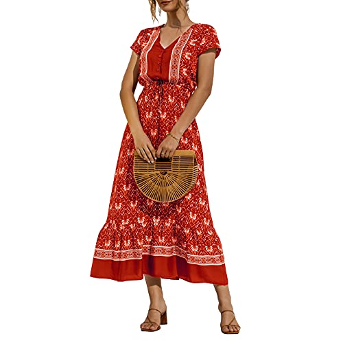 Primavera Y Verano Moda para Mujer Casual con Cuello En V Estampado Floral Cintura con Cordones Manga Corta Vestido Largo Suelto Mujer