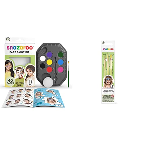 Snazaroo kit de pintura facial, maquillaje fiesta “Arcoíris” + pinceles para pintura facial, color verde, Set de 3 (Colart 40500)