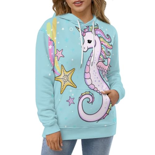 Sweatshirt pull imprimé hippocampe licorne avec capuche ajustable