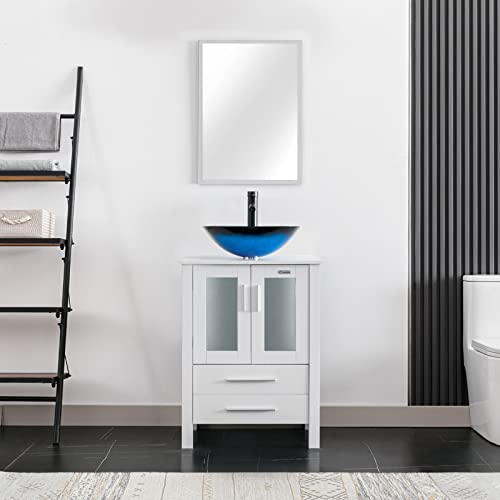 Eclife 24" Bathroom Vanity Sink Combo White Cabinet Ocean Blue Square Tempered Glass Vessel Sink & 1.5 Gpm Water Save Orb Faucet Solid Brass Pop Up Drain,With Mirror (Ocean Blue Square Sink A04B02W) #TOP1