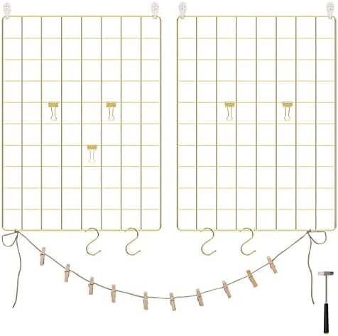 SONGMICS Grid Photo Wall, 16.5 x 12.2 Inches, Set of 2, Wire Wall Grid Panel, Photo Wall Display, DIY, Hanging Picture Wall with S Hook, Clip, Hemp Cord, Golden ULPP01GD
