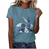 Easter Bunny Graphic T Shirts for Women Cute Rabbit Print Short Sleeve Tee Casual Spring Holiday Tops Blue