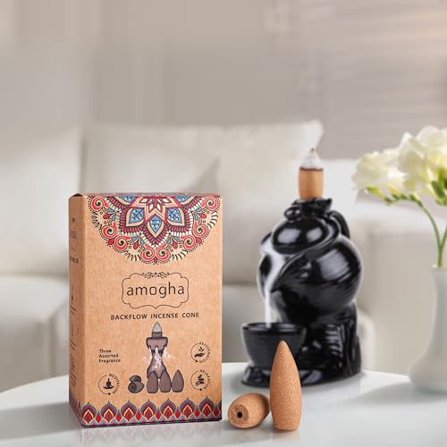 Image of Amogha Backflow Incense Cones | Pack of 40 | Long-Lasting Aromatic Cones for Meditation, Relaxation & Rejuvenation | 3 Fragrances | Stress Relief & Air Purification | Home & Office Use.