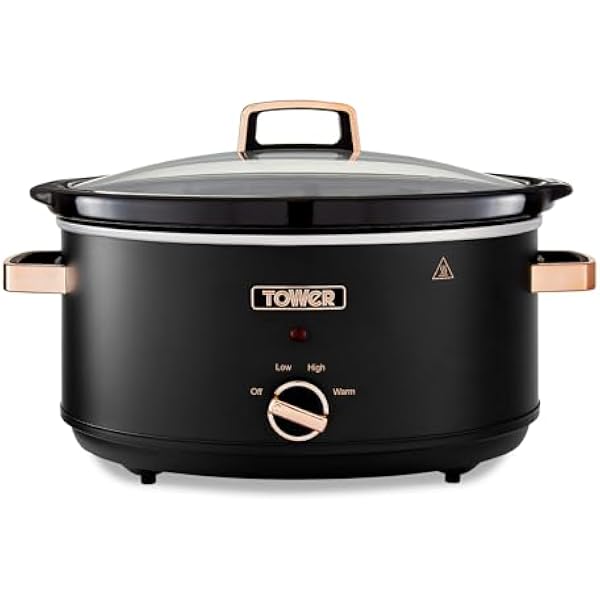 Tower T16043BLK Slow Cooker 6,5-litrowy stojak z 3 ustawieniami ciepła, uchwyty Cool Touch, sprzęt kuchenny, czarny i różowe złoto