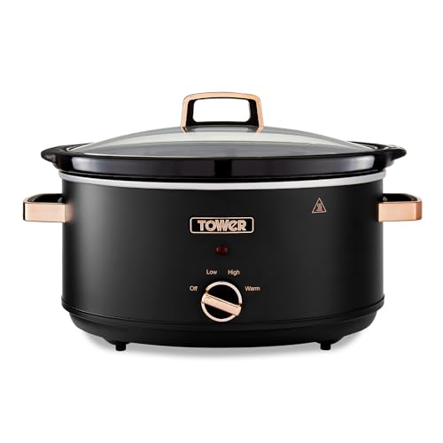 Tower T16043BLK Cavaletto Slow Cooker 6.5 Litre with 3 Heat Settings, Cool Touch Handles, Black and Rose Gold