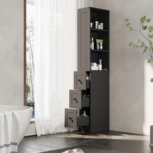 LAUSAINT HOME Tall Narrow Storage Cabinet, Anti-Tipping Floor Cabinet with 2 Adjustable Shelves & 3-Level Drawers for Small Space, Home, Bathroom, Kitchen, Laundry (Black) — view 3