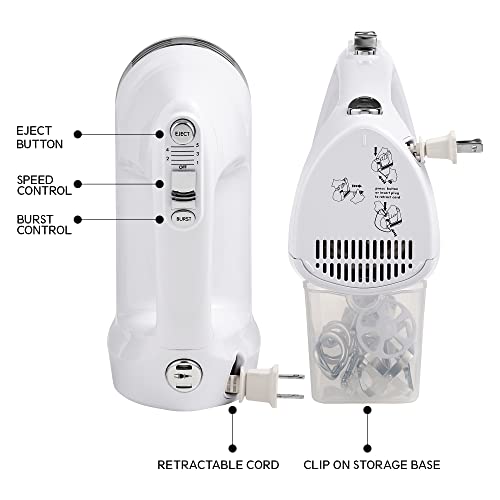 Kenmore 5-Speed Hand Mixer/Blender, 250 Watts, with Beaters, Dough Hooks, Liquid Blending Rod, Automatic Cord Retract, Burst Control, and Clip-On Accessory Storage by Koolatron - Image 5