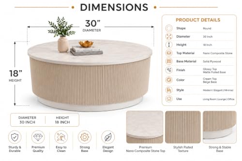 Image of WOODEN SPACE Round Marble-Top Wooden Center Table for Living Room | Modern Entryway Furniture | Coffee Table - 30X30X18 Inch (Beige)