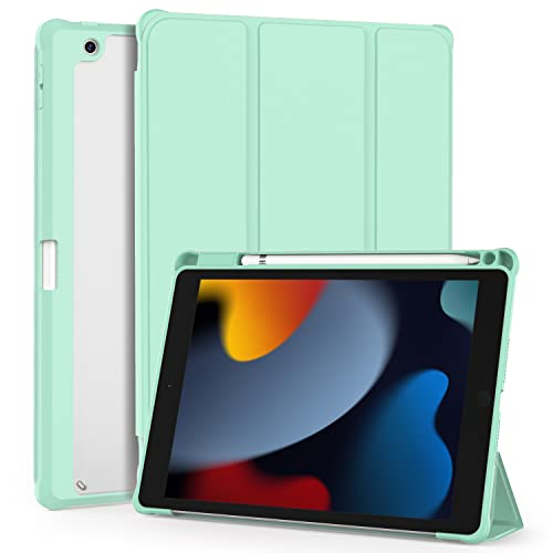 OKP for iPad 9th/ 8th/ 7th Generation Case (2021/2020/2019), iPad 10.2 inch Cases with Trifold Stand, Slim ipad 9/8/7 th gen Cover with Pencil Holder for Kids Women Men, Clear PC Back Shell, Green
