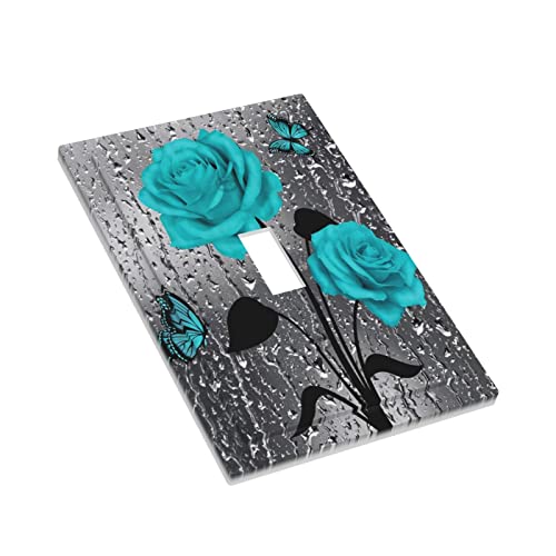 Raindrops Teal Gray Butterfly Rose 1 Gang Wall Plate Turquoise Blue Grey Flower Floral Single Toggle Light Switch Cover Switchplate Decorative Faceplate Romantic Valentine's Day Bathroom Shower Decor #TOP2