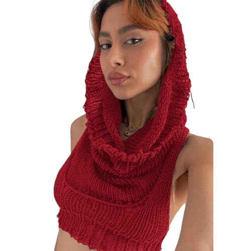 Image of Women's Knitted Hoodie Sweater Vest Sexy Sleeveless Hollow Out Hooded Crop Top Draped Sweatshirt Streetwear