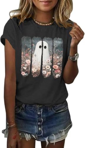 Nigbriz Women's Halloween Ghost Floral Graphic T-Shirt,Dark Grey-2,M