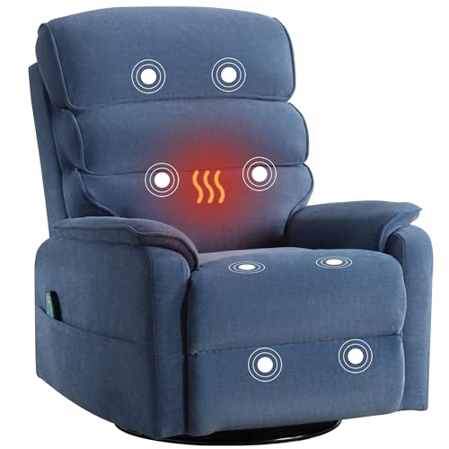 Massage Swivel Rocker Recliner Chair with Heat and Vibration Soft Fabric Ergonomic Rocking Comfy Oversized Lounge Chair Big and Tall Recliner Single Sofa with Side Pockets, USB Charge Port, Navy