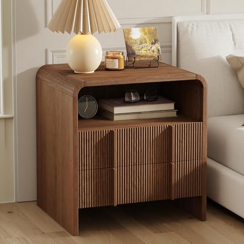 Image of LUXOAK Fluted Bedside Table with 2 Drawers and Open Shelf, Curved Oak Effect Bedside Cabinet, Modern Scandinavian Style Nightstand with Ample Storage, Bedside Unit for Bedroom Living Room, Walnut