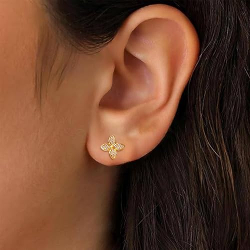 925 Sterling Silver Dainty CZ Lucky Leaf Stud Earrings for Women Flower Shaped 14K Gold Plated Earring Minimalist Stackable Fashion to Daughter Mom Wedding Birthday Halloween Season Jewelry for Her4
