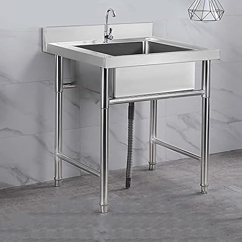 SMALLLOVE Free Standing Kitchen Sink for Laundry Garage Indoor Outdoor 304 Stainless Steel Single Bowl Wash Basin with Faucet Square Handmade Sink Cover