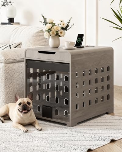 Modern Dog Crate Furniture with Charging Station Medium Kennel Indoor with Flip-up Hidden Acrylic Door for Small and Medium Breeds up to 50lb Wood Pet End Side Table Cage, Grey