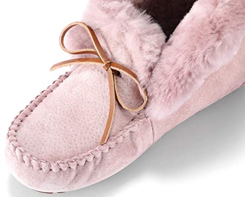 Image of Women's Moccasin Slippers with Warm Wool Lining, Pigskin Leather Non-Slip Rubber Sole for Indoor and Outdoor Casual Winter Flat Shoes