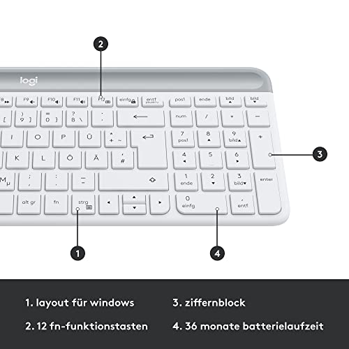 Logitech MK470 Slim Combo Kabelloses Tastatur-Maus-Set, 2.4 GHz Verbindung via Nano-USB-Empfänger, 10m Reichweite, 18-Monate Batterielaufzeit, PC/Laptop, Deutsches QWERTZ-Layout - Weiß – Bild 7