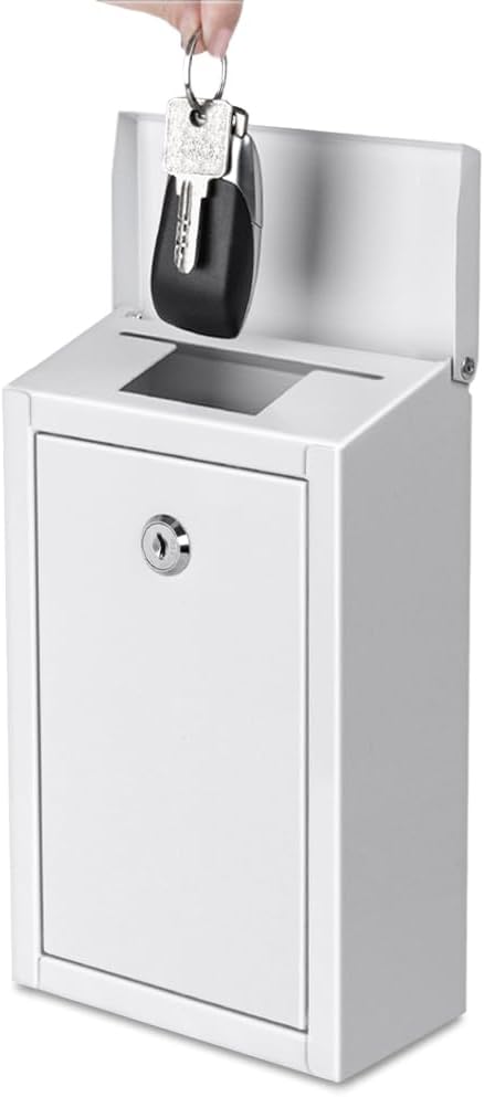 Key Drop Box with Lock, Wall Mount Mailbox for Outside, White Metal Locking Mailbox with 4 Keys, Secure Drop Box for Home, Office, Business