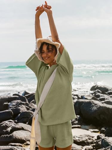 Image of Tankaneo Womens Short Sets 2 Piece Outfits 3 /4 Sleeve Tops and Elastic Waist Shorts Lounge Set Casual Loungewear