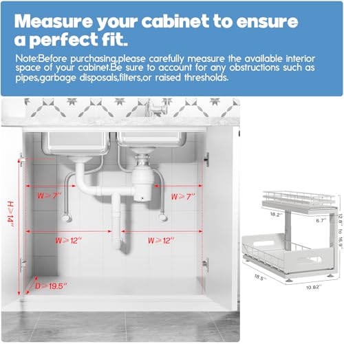 Image of Under Sink Organizer Upgrade To Professional Rails,2-Tier Dual Pull Out Cabinet Storage,Height Adjustable Slide Out Drawers For Bathroom Kitchen,2 Pack-18.5 inchDx12.8 inch-16.9 inchH,White