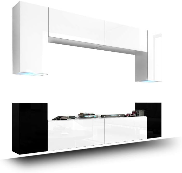 FUTURE 1 Wall Console Unit, Premium Entertainment Package, High Gloss / Mat, TV Stand, Modern Display Units, Brand New Suite, Many Colours (RGB LED Lighting Available) (White&Black MAT base / White&Black HG front, White LED)