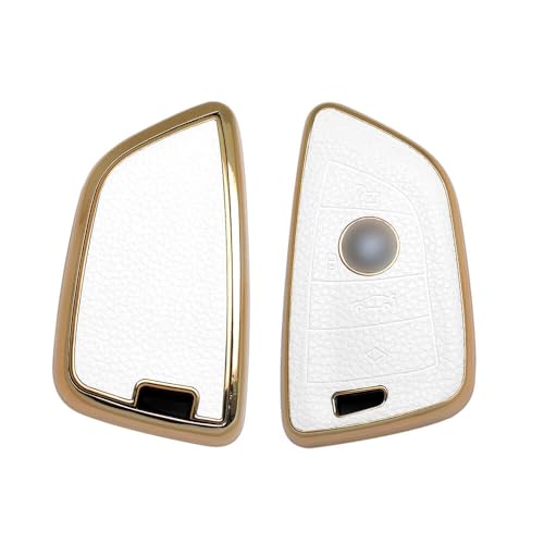 Image of Keyzone Litchi Leather Textured TPU Key Cover & Keychain for BMW 4-Button Smart Keys (White)