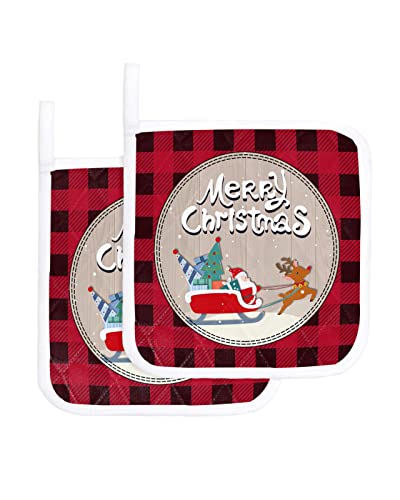 Christmas Santa Claus Reindeer Sleigh Kitchen Potholder Heat-Proof Pot Holders Buffalo Red Plaid Washable Potholders Hot Pad For Cooking Baking Bbq, Set Of 2 #TOP10