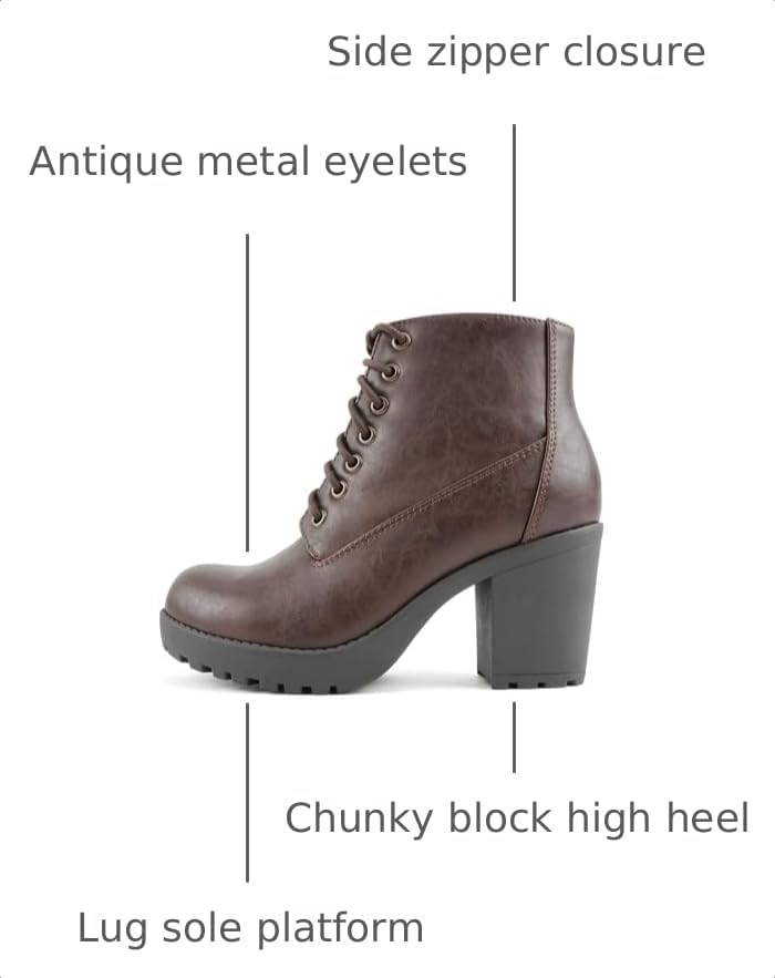 Image of Soda Second Lug Sole Chunky Heel Combat Ankle Bootie Lace up w /Side Zipper | Casual Boots